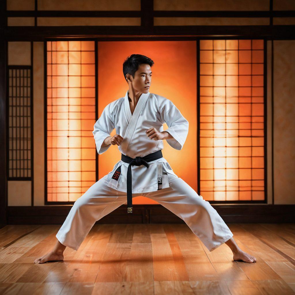 A dynamic scene showcasing a dedicated martial artist in mid-action, embodying passion and discipline, surrounded by a glowing aura that represents devotion. The background features a serene dojo with traditional Japanese elements, emphasizing focus and mastery. Soft light filtering through shoji screens enhances the atmosphere of tranquility and determination. The martial artist is in a powerful pose, illustrating strength and skill. super-realistic. vibrant colors. tranquil background.
