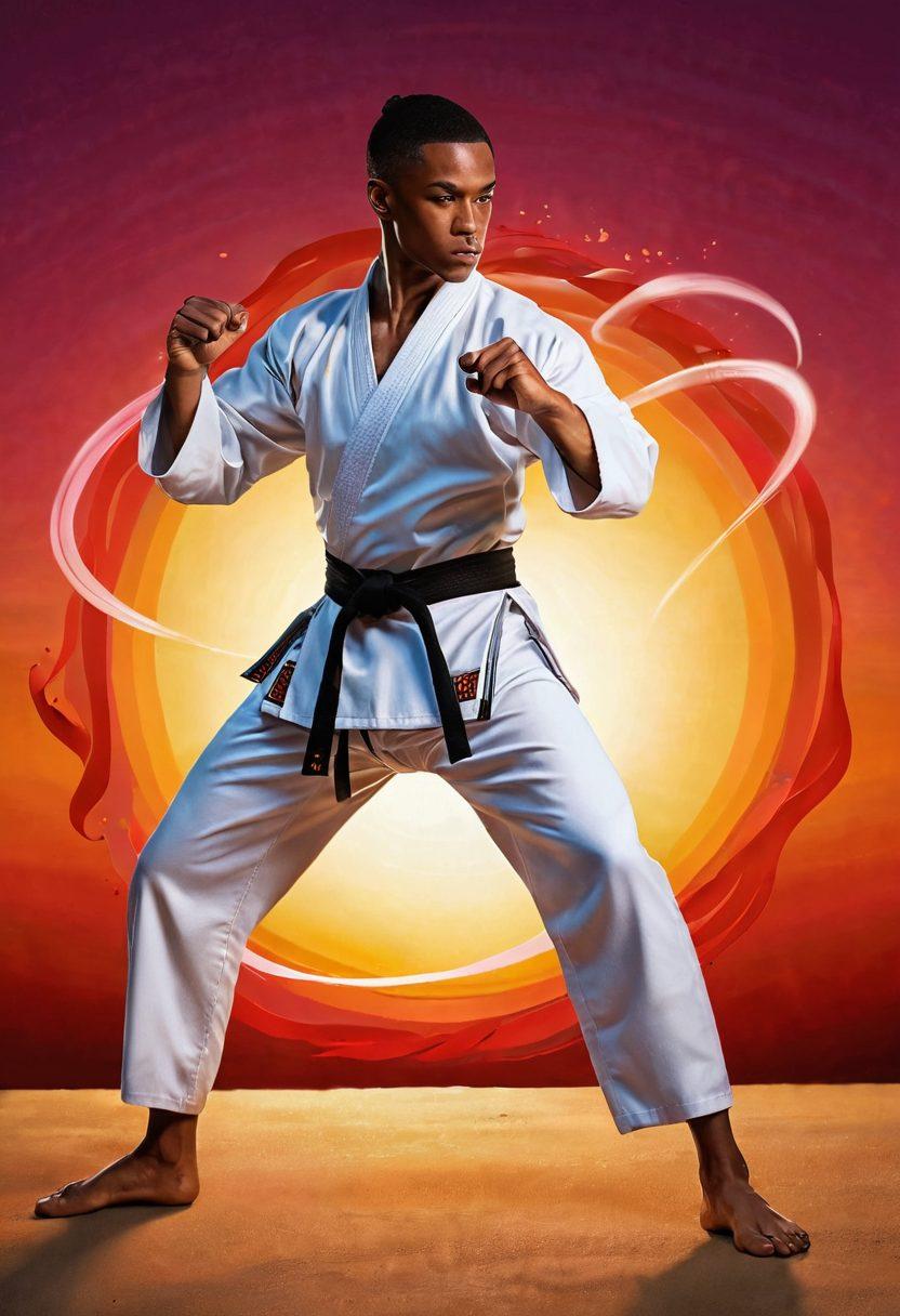 A dynamic martial artist in mid-action, performing a powerful kick with a fierce yet passionate expression, surrounded by soft, swirling hearts that represent affection. The contrasting elements of strength and love should intertwine, encapsulating the journey of martial arts fueled by emotions. A radiant sunset in the background sets a dramatic scene, highlighting both the martial artist’s strength and passionate spirit. vibrant colors. super-realistic.