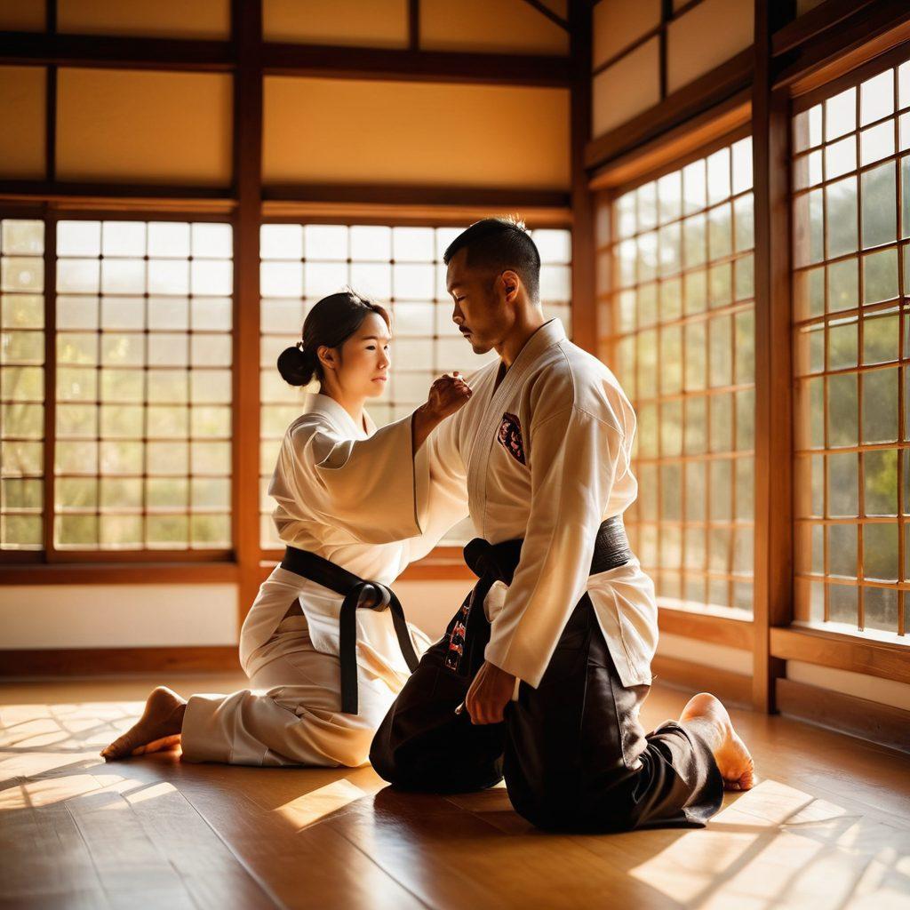 A powerful scene showcasing a couple sharing an affectionate moment while practicing martial arts in a tranquil dojo, surrounded by warm sunlight streaming through large windows. Their expressions convey both love and focus as they demonstrate a graceful kata together, featuring traditional martial arts attire. In the background, vibrant martial arts memorabilia adds cultural depth, symbolizing unity through combat. painting. warm colors. soft focus.